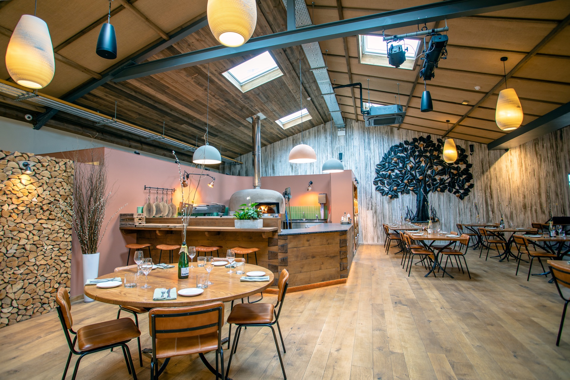 Luxury restaurant interior with architectural ceiling detail