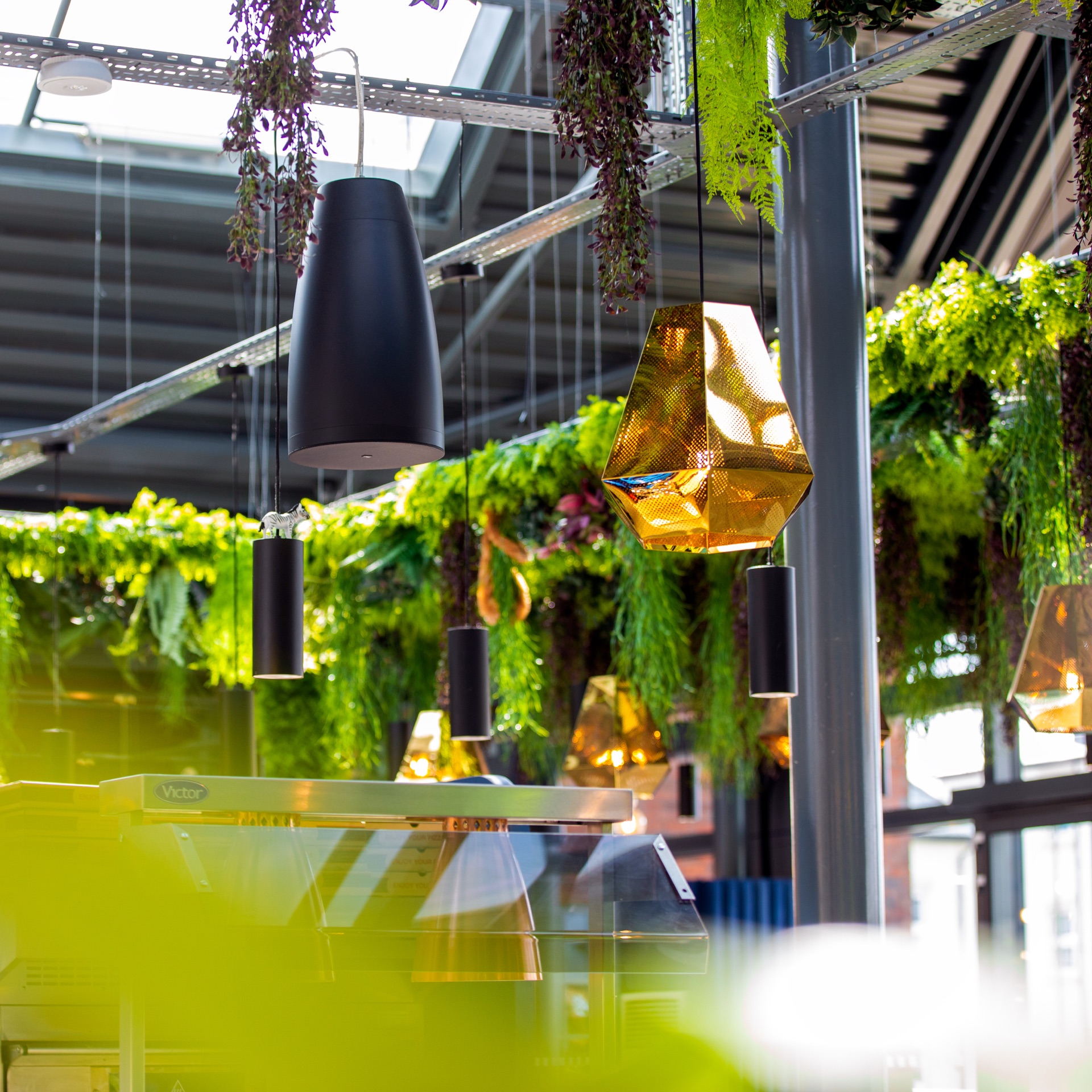 Modern bar with exposed ceiling and pendant lighting